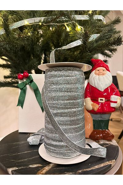 kadifecim Christmas Pine Tree Ornament - Silver Glitter Velvet Stripe, 10 Mt