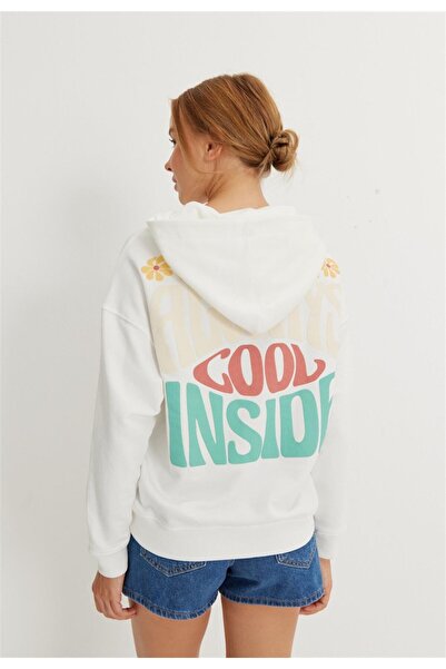 TUBİA Women's Ecru Color Hooded Zippered Back Printed Cardigan Sweatshirt