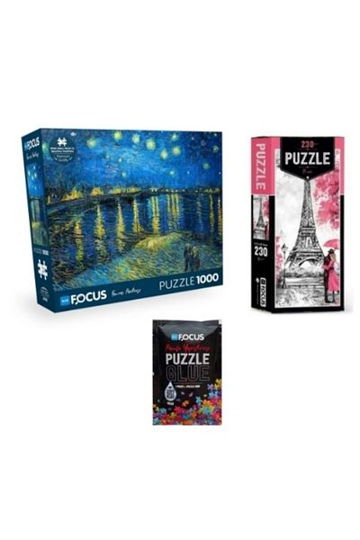 Blue Focus Set of 3 Puzzles - 1000 Pieces a Starry Night on the Rhine + 230 Pieces of Paris + Puzzle Adhesive