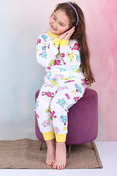 Mutlu City Kız Çocuk %100 Pamuk Pijama Takımı 1810-Sarı