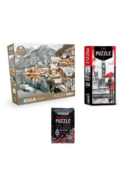 Blue Focus Puzzle Set of 3 - 1000 Pieces Hallstatt + 230 Pieces London + Puzzle Adhesive