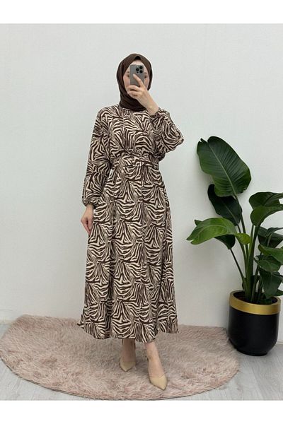 Modamorfo Gemustertes Kleid mit Gürtel und elastischem Bund – braun