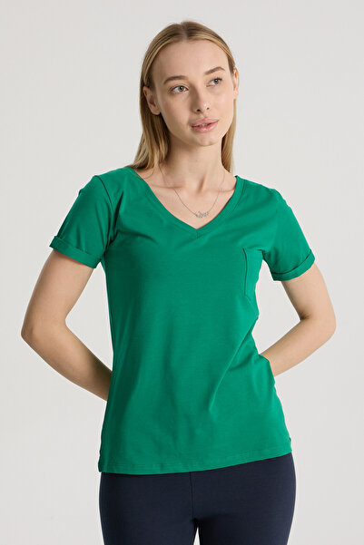 Perché Women's Regular Fit Sleeve Folded V Neck Pocket T-Shirt