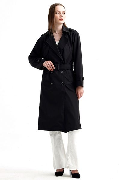 MD trend Women's Belted Neck and Sleeves Detailed Lined Double Breasted Trench Coat