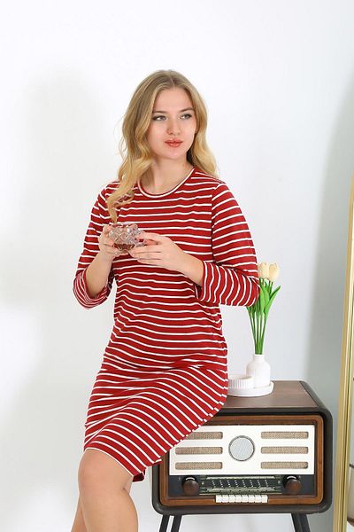 Akbeniz Red Cotton Tunic and Nightgown Set - 13132