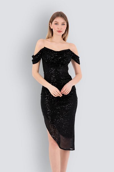 HOX'S Gisele Black Midi Evening Dress - Sequined Carmen Collar, Asymmetrical Skirt