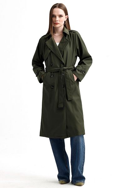 MD trend Women's Belted Neck and Sleeves Detailed Lined Double Breasted Trench Coat