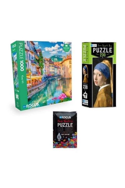 Blue Focus Set of 3 Puzzle - 1000 Pieces Annecy + 230 Pieces Pearl Earring Girl Panorama + Puzzle Adhesive