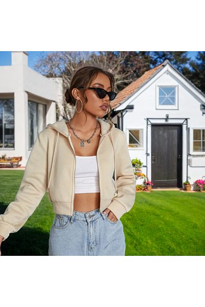 Fifty Color Cardigan crop pentru femei cu fermoar cu glugă - Hanorac cu trei fire