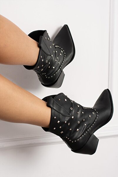 FSKOMBİN Fellix Siyah Kadın Trok Detaylı Kalın Topuklu Bot