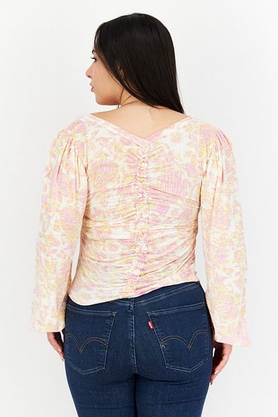 Free People Women V Neck Long Sleeve Floral Blouse, Pink Combo