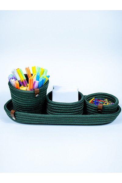 OneSize 4-Piece Pen Holder Set in Khaki Green - Natural Jute Rope Top, Study and Office Desk