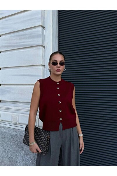 Zey Studio Ženski bordo pleteni prsluk sa dugmićima i okruglim izrezom
