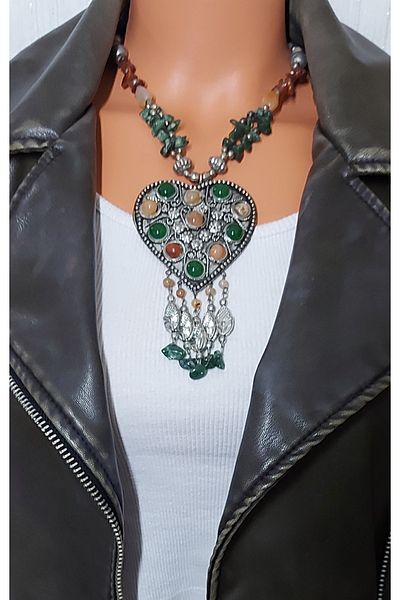 Virgo Colorful Indian Agate Stone Heart Necklace on Metal Backdrop