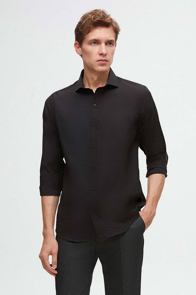 D'S Damat Cămașă din 2 piese Ds Damat Slim Fit, neagră/albă, cu guler italian, ușor de călcat