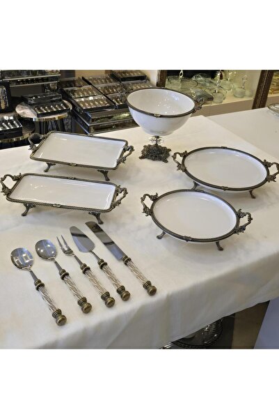 AlyaHomeAksesuar Metal Çerçeveli 10 Parça Porselen Sunum Seti Antik