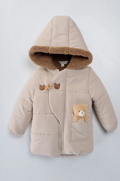MDM Trend Cute Baby Teddy Bear Fur Lined Zippered Soft Fabric Pocket Hooded Winter Coat