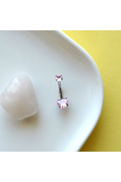 Heppii 316 L Steel Zircon Pink Stone Heart Navel Piercing with Stone Heart Minimal Navel Piercing Silver Color
