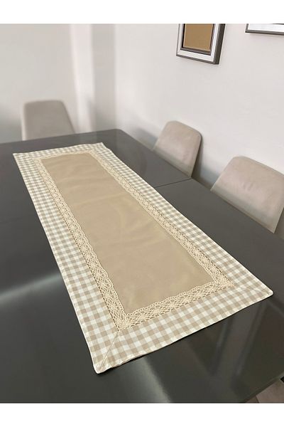 Parla Life Μπεζ Χρώμα Gingham French Guipure Linen Runner (προσαρμοσμένο μέγεθος και χρώμα)