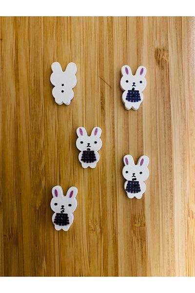 Kartopu Small Hole Rabbit Shaped Pattern Painting Wooden Button 13 X 15mm. Pack of 5. White.
