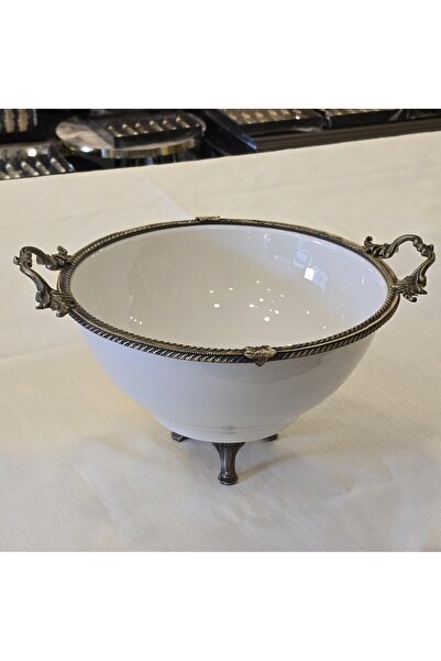 AlyaHomeAksesuar Porcelain Salad Bowl with Metal Frame 26 cm - Ancient Design with Legs