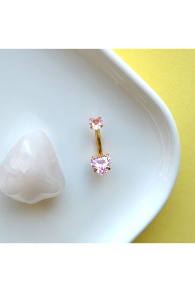 Heppii 316 L Steel Zircon Pink Stone Heart Navel Piercing with Stone Heart Minimal Navel Piercing Gold
