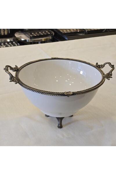 AlyaHomeAksesuar 21 cm Metal Frame Porcelain Salad Bowl - Ancient Design with Legs