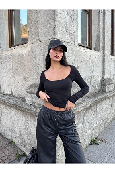 minaaise Жіночий чорний боді з коміром-човником з бавовняної тканини 28338