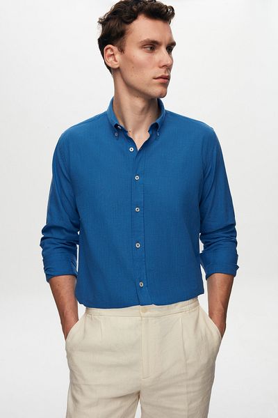 D'S Damat Letní bavlněná košile Saks Blue Slim Fit Flamed Linen Look - límec s knoflíky