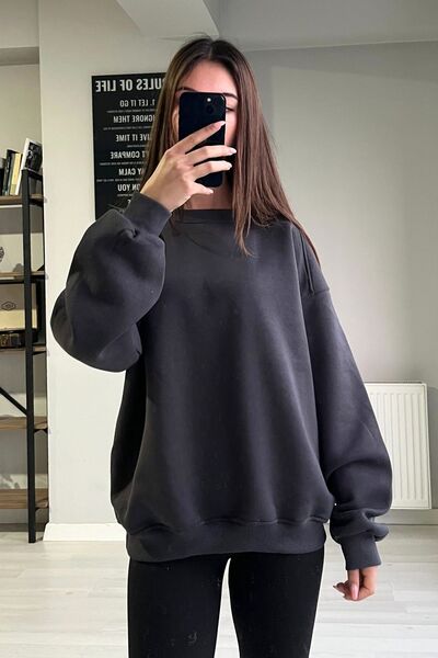 Orihime Kadın Antrasit Polarlı Bisiklet Yaka Basic 3 İplik Oversize Sweatshirt