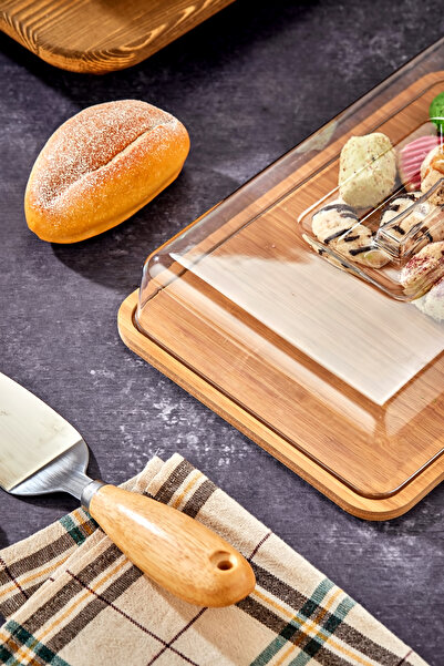 Milenay Wooden Rectangular Cake Jar Acrylic Cover Width: 23 cm Length: 32 cm