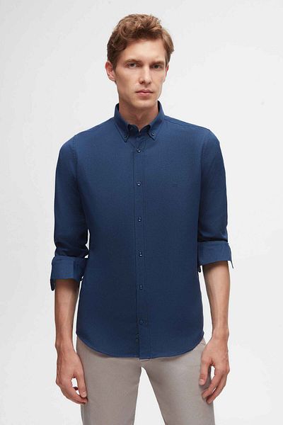 D'S Damat Bavlněná košile Oxford Slim Fit Indigo Slim Fit - límeček na knoflíky a detail výšivky