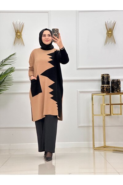 Enans Design Tunica tricotată pentru femei, Tunica în două culori cu buzunare