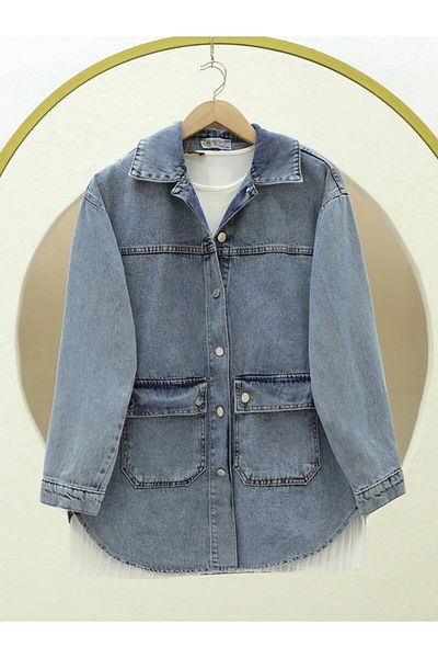 Modamorfo Jachetă cămașă din denim cu tăietură ovală cu buzunar pentru geantă - albastru gheață