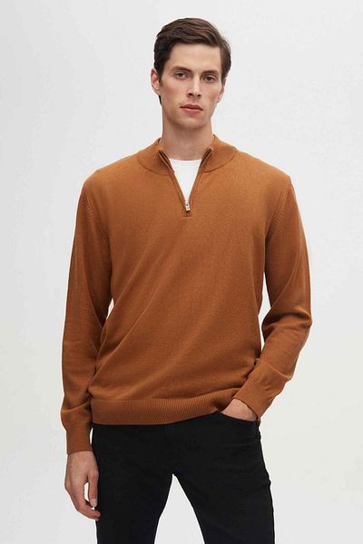 D'S Damat Ds Damat Slim Fit трикотажен пуловер с канела с половин цип
