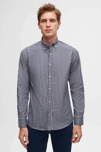 D'S Damat Slim Fit Navy Blue Striped Shirt