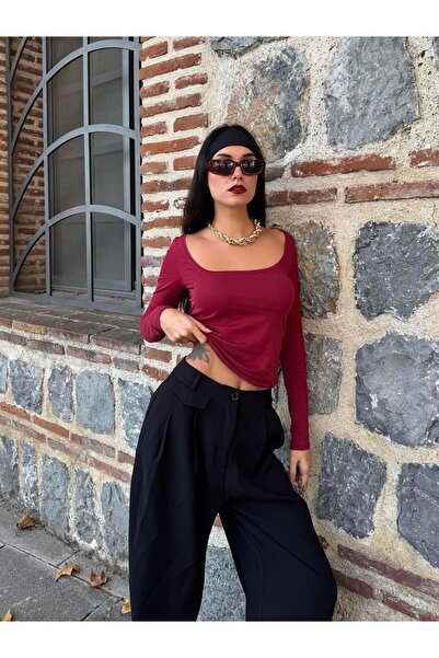 minaaise Kadın Bordo Kayık Yaka Pamuk Kumaş Body 28338