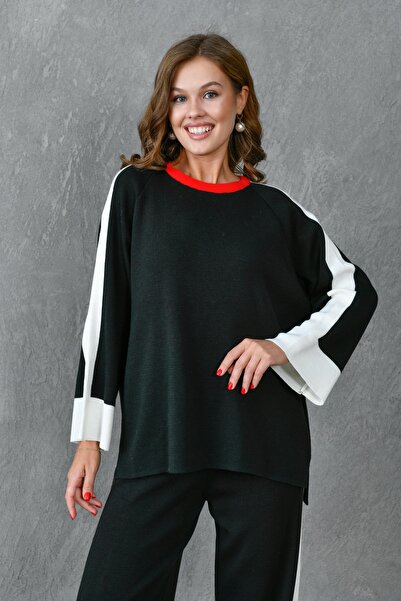 bayansepeti Flexible Striped Black Knitwear - Oversize Sweater and Pants Set 1030
