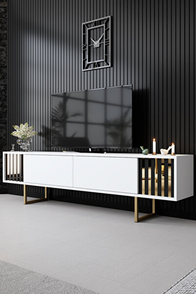 Modatte Gold Line Demir Ayaklı Beyaz Tv Sehpası