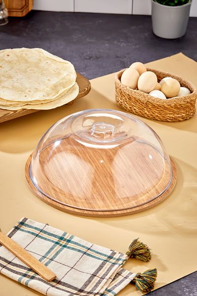 Milenay Wooden Cake Bowl - Round 31cm - Serving Presentation with Acrylic Lid, Serving Bowl