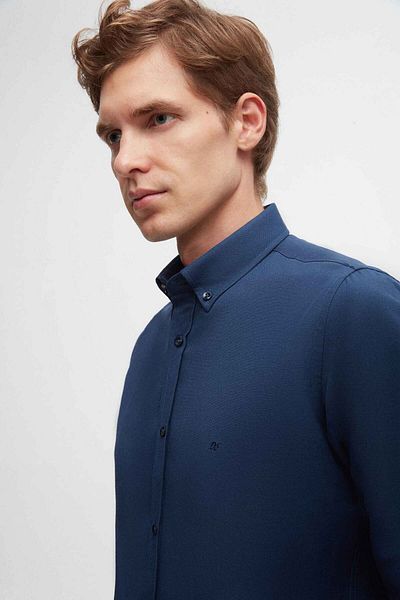 D'S Damat Bavlněná košile Oxford Slim Fit Indigo Slim Fit - límeček na knoflíky a detail výšivky