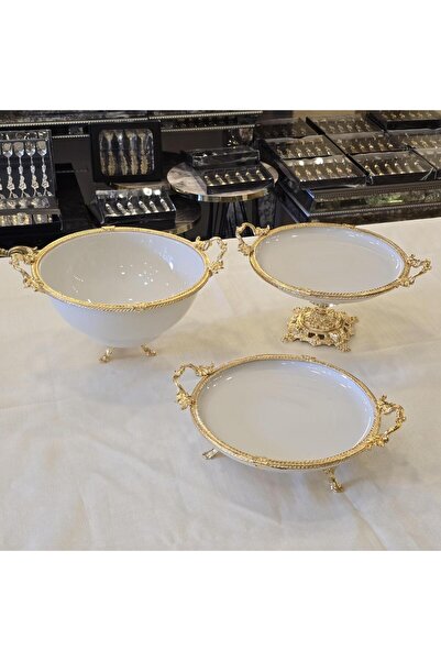 AlyaHomeAksesuar Metal Çerçeveli 3 Parça Porselen Sunum Seti Gold