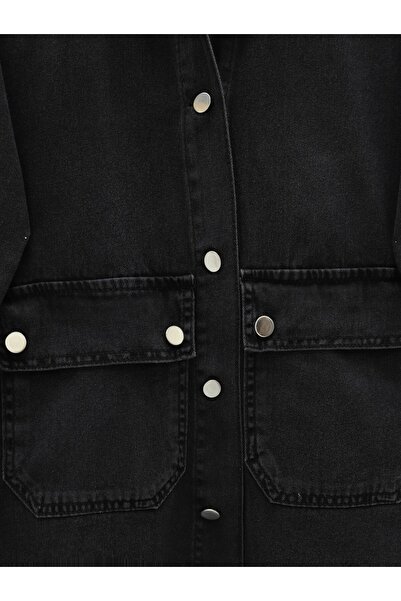 Modamorfo Oval Cut Denim Shirt Jacket with Bag Pocket -Black