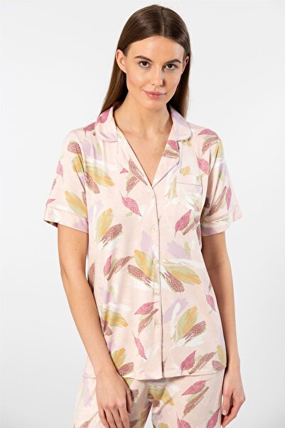TÜREN Leaf Pattern Short Sleeve Shirt Collar Pajama Set 3355/Powder