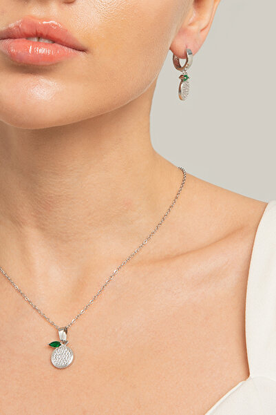 Lina Tia Kadın Elma Figür Zümrüt Yeşil Zirkon Taşlı Çelik Gümüş Kaplama Su Yolu Kolye Küpe Kombin Takı Seti