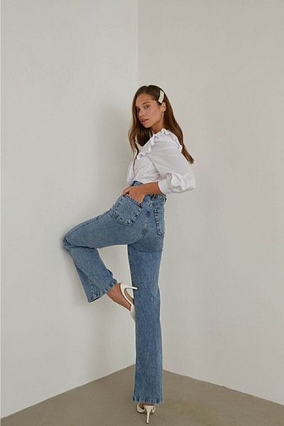 TRENDNATUREL Pantaloni largi Palazzo cu talie lată de lycra albastră Alissa anii 90 largi