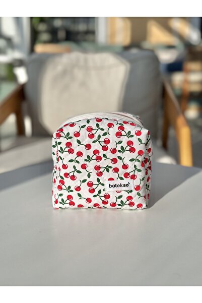 Batekso Червена чанта за грим с мотив на червени череши - малък размер