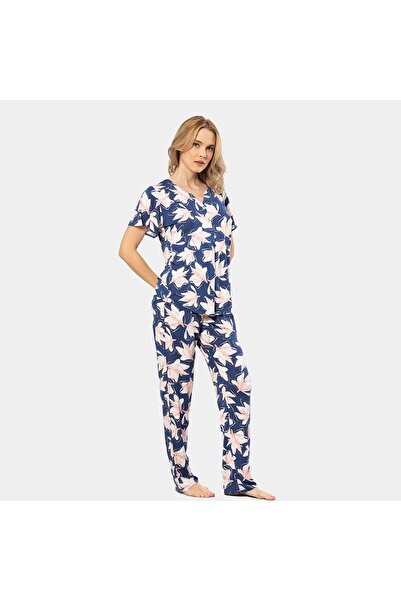 TÜREN Pajama Set with Patchwork Knitted Short Sleeve 3606/Dark Blue