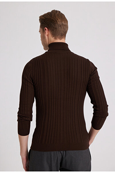 D'S Damat Ds Damat Slim Fit Brown Ribbed Cotton Blended High Neck Knitwear Sweater