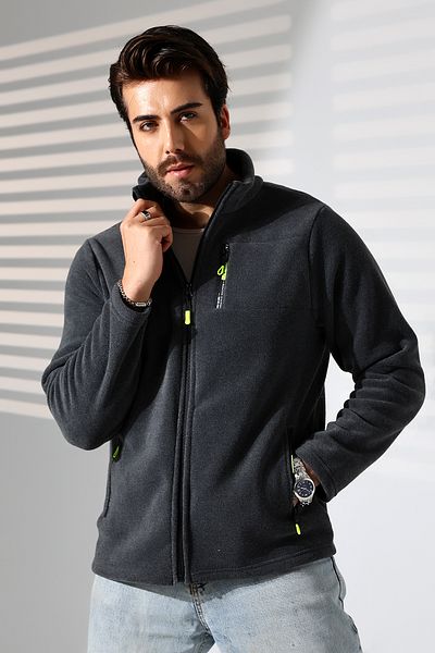 TİJA Men's Zippered Pocket, Anthrast Melange Fleece Cardigan, Jacket, Anti Pilling, Anti Pilling Fleece